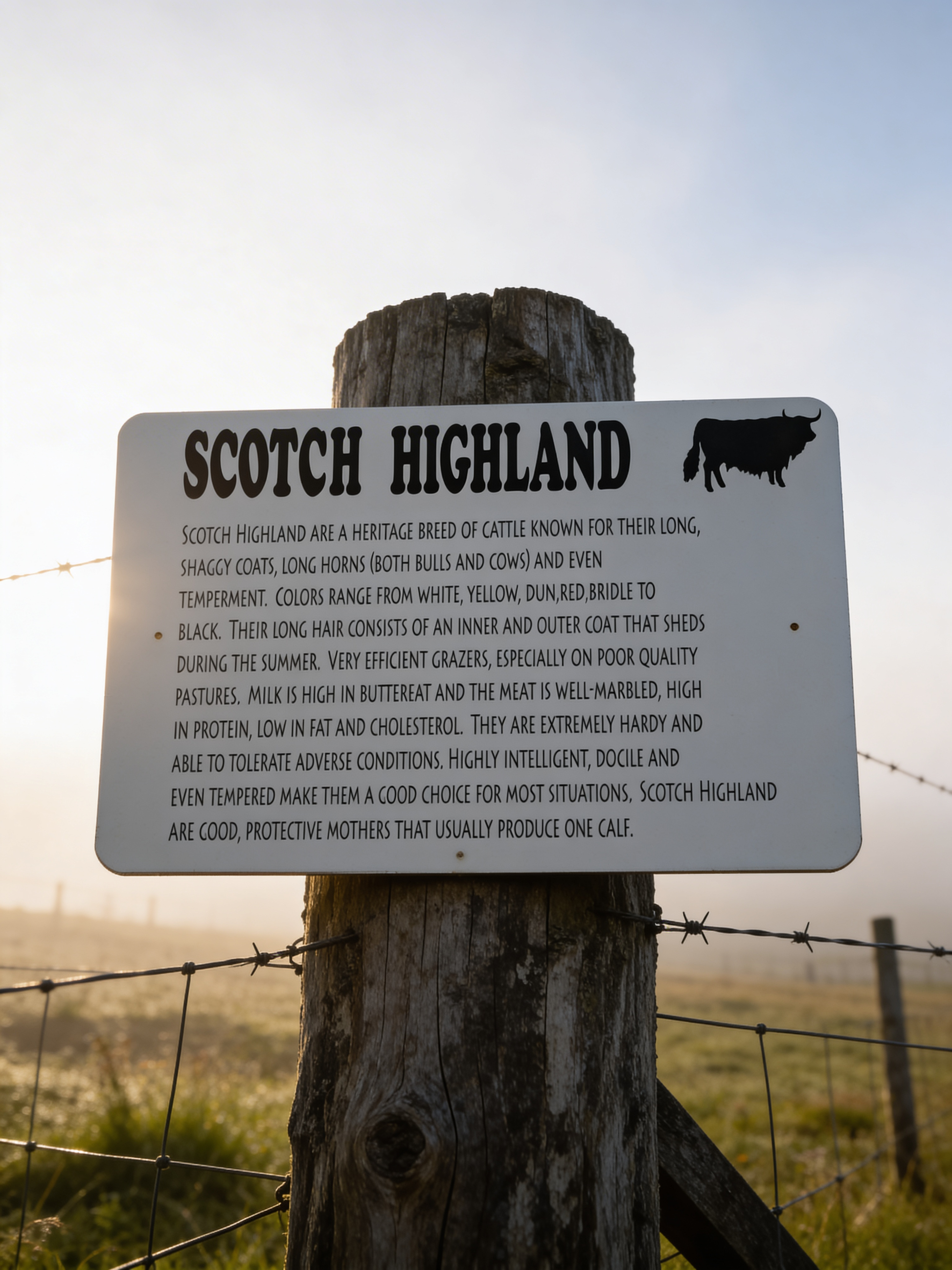 Sign about Scotch Highland cattle on a wooden post with a field and sky background