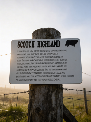 Sign about Scotch Highland cattle on a wooden post with a field and sky background