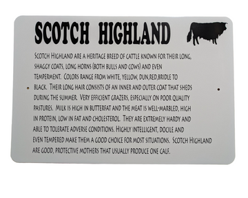 Informational sign about Scotch Highland cattle on a white background