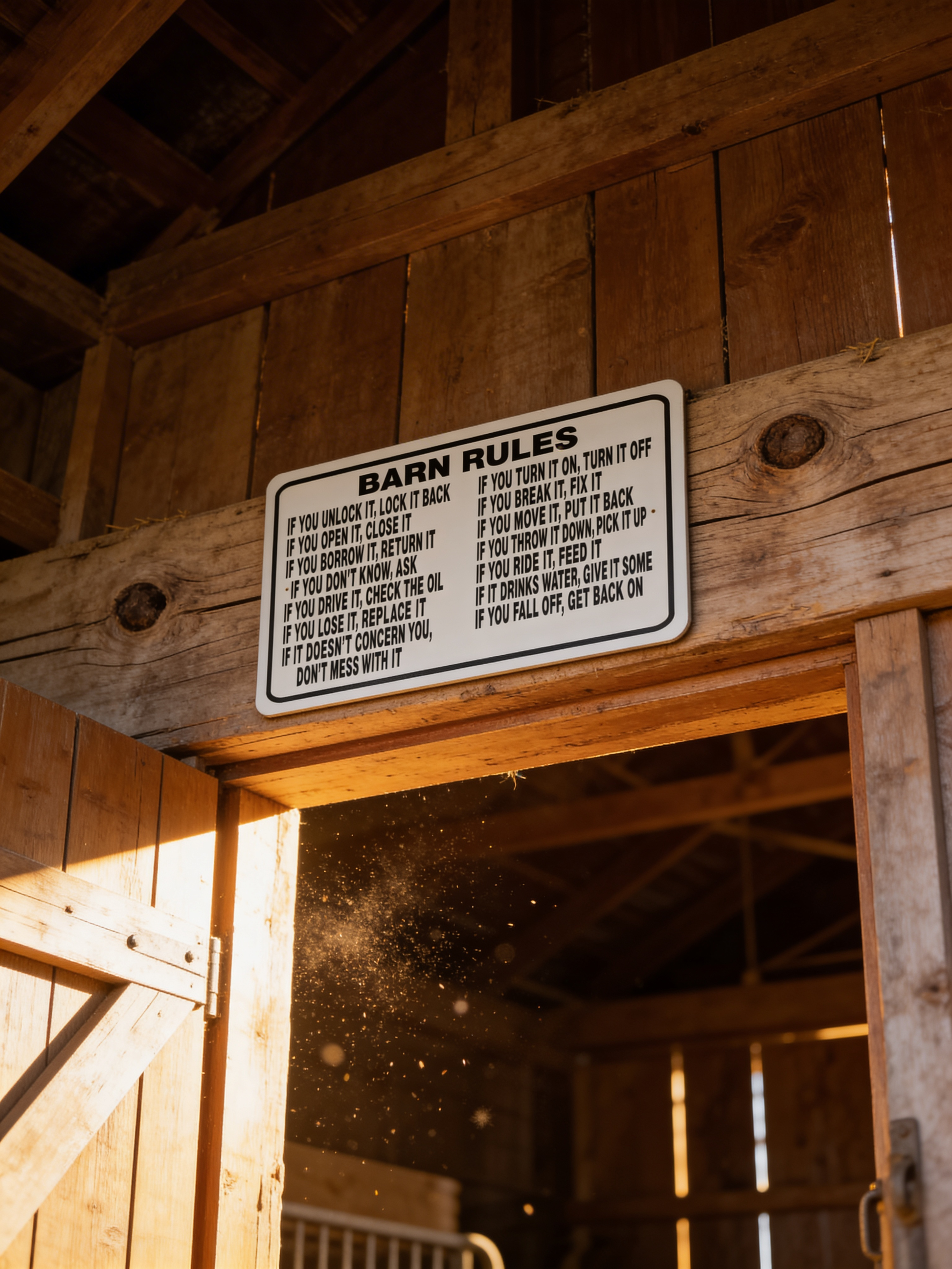 Barn rules sign on wooden beams inside a barn