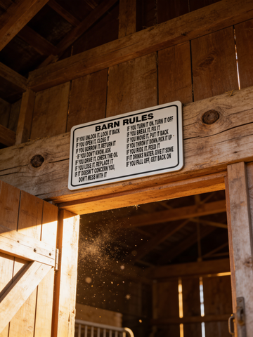 Barn rules sign on wooden beams inside a barn