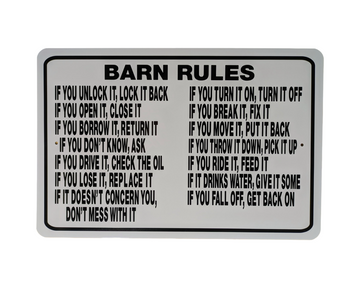 Metal sign with 'Barn Rules' text on a white background