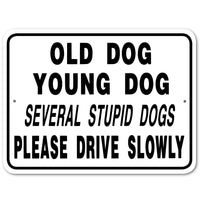 Old Dog Young Dog Several Stupid Dogs Please Drive Slowly Sign Aluminum 12 in X 9 in