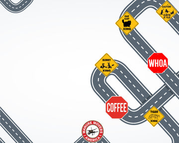 Illustration of winding roads with humorous traffic signs like "Coffee", "WHOA", "Fat Cat Xing", and "Tiger Xing" for a fun custom print design.