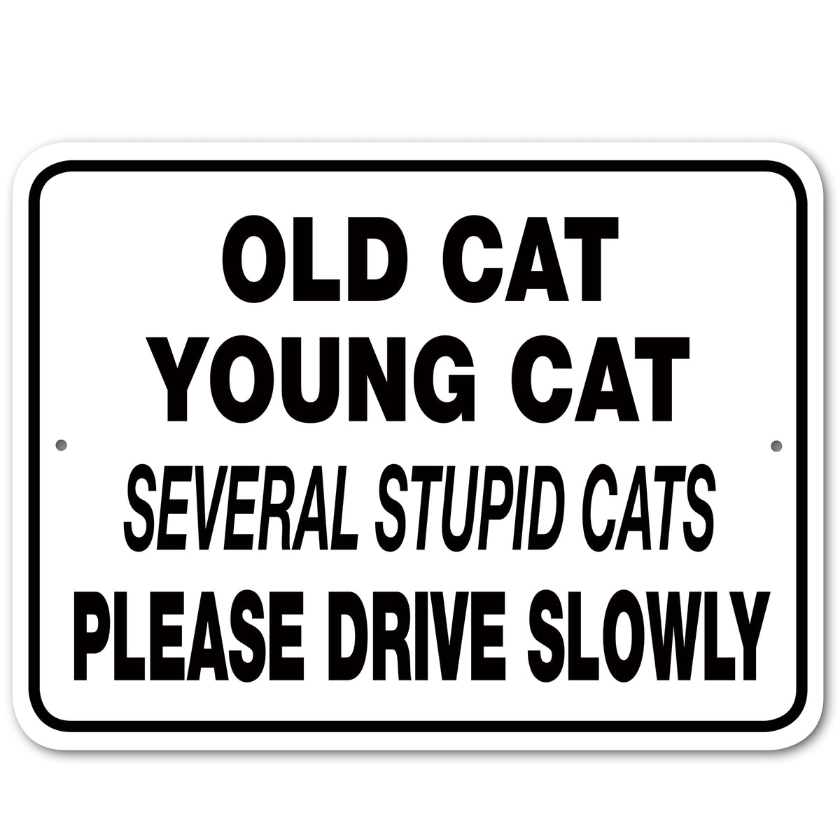 Old Cat Young Cat Several Stupid Cats Please Drive Slowly Aluminum Sign.  made with white aluminum and black ink