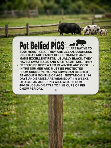 Sign about potbellied pigs in a grassy field with pigs in the background
